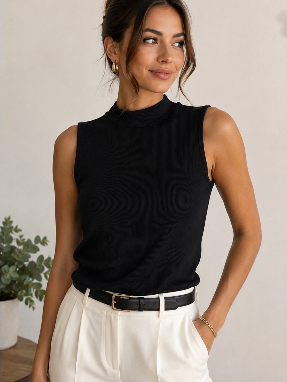 Tahari Black Ribbed Mock Neck Sleeveless Top Stretch Knit Medium Classic